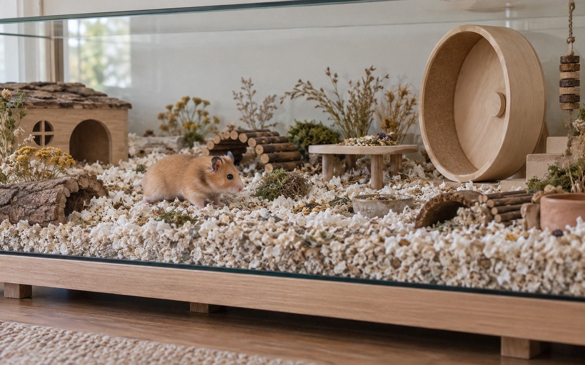 Side view of a golden Syrian hamster exploring a wide modern hamster habitat with a large uninterrup