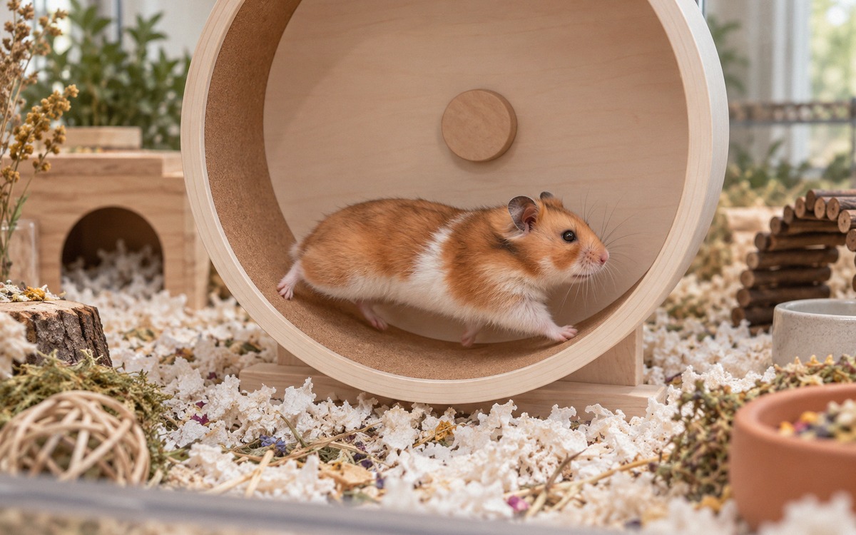 A Syrian hamster running with a straight relaxed back in a large solid-surface exercise wheel inside