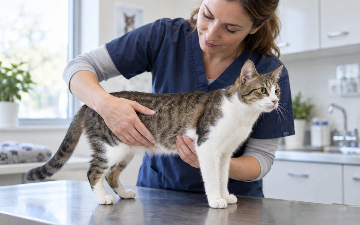Veterinarian carefully examining a slim adult domestic cat on a clinic table, checking body conditio
