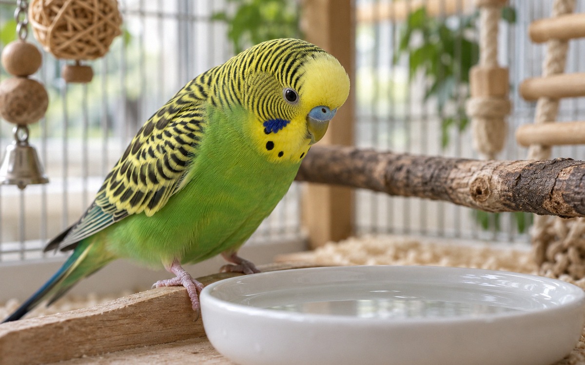 Close-up of a green and yellow budgerigar cautiously examining a very shallow white ceramic dish wit