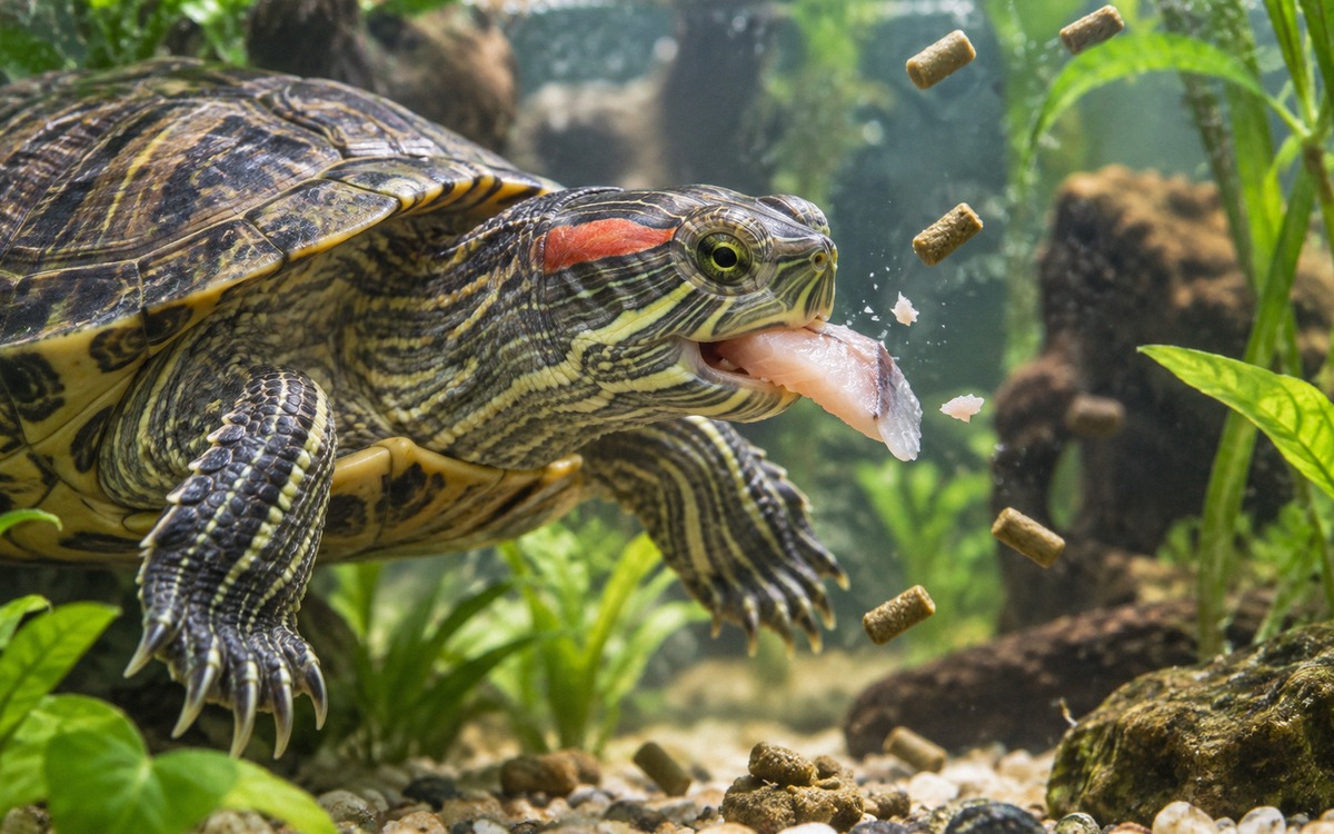 Close-up natural photography of a red-eared slider turtle eating a balanced meal underwater in a hom