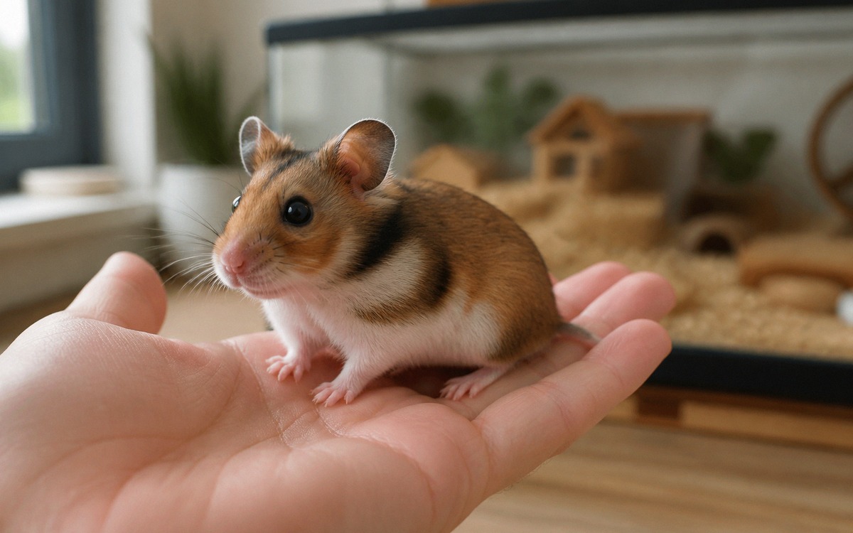 Photorealistic close-up of a Chinese hamster sitting on a human palm near a large safe enclosure, th