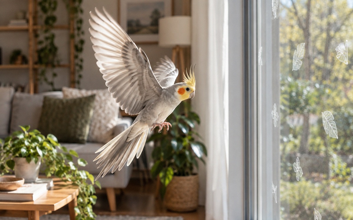 A realistic cockatiel in flight inside a bright living room approaching a large glass window with su