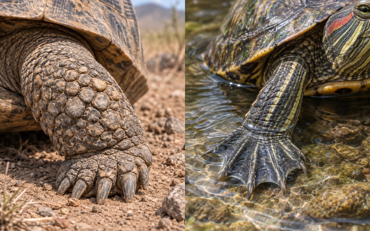 Natural photography showing the anatomical difference between a land tortoise and an aquatic turtle: