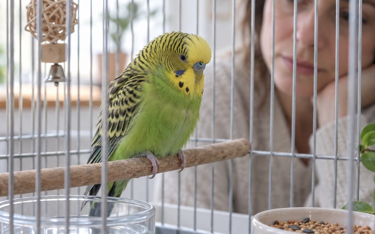 Close-up of a concerned owner gently observing a small green budgerigar resting quietly on a perch i
