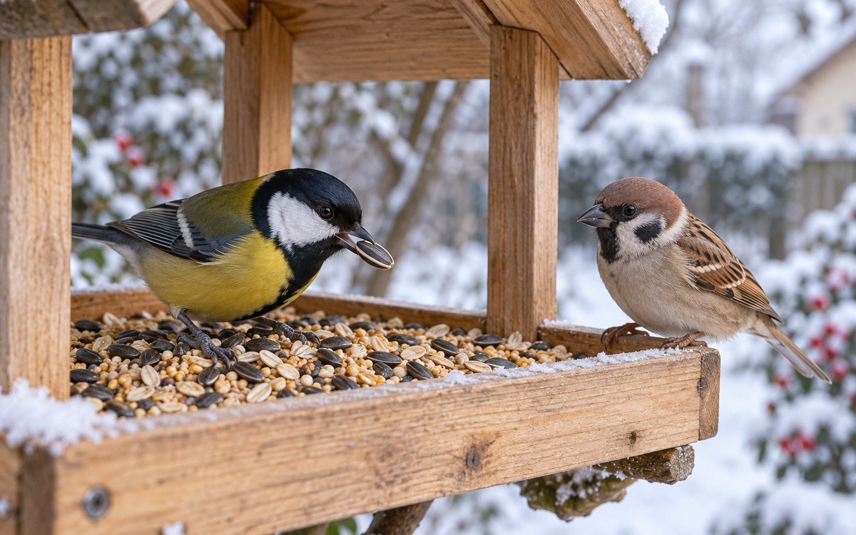 Close-up of a clean wooden bird feeder filled with raw unsalted sunflower seeds, millet and oats, a 
