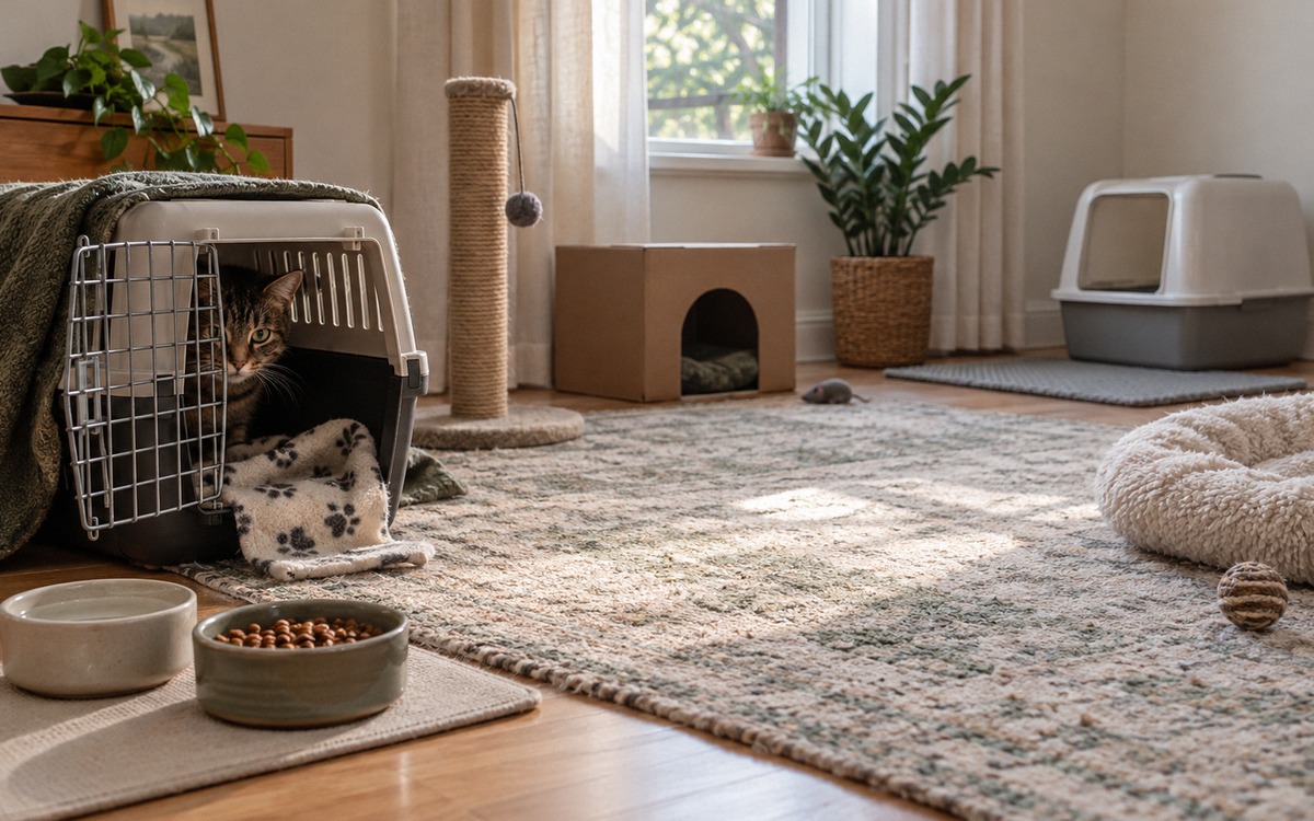 Natural photorealistic interior photography of a safe room prepared for an adult cat after moving ho