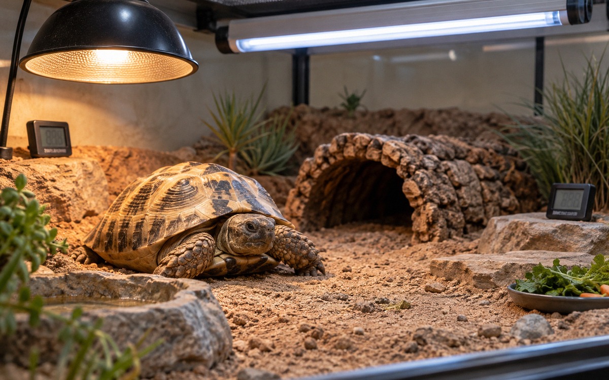 Close realistic view inside a well-organized tortoise terrarium: Central Asian tortoise resting unde