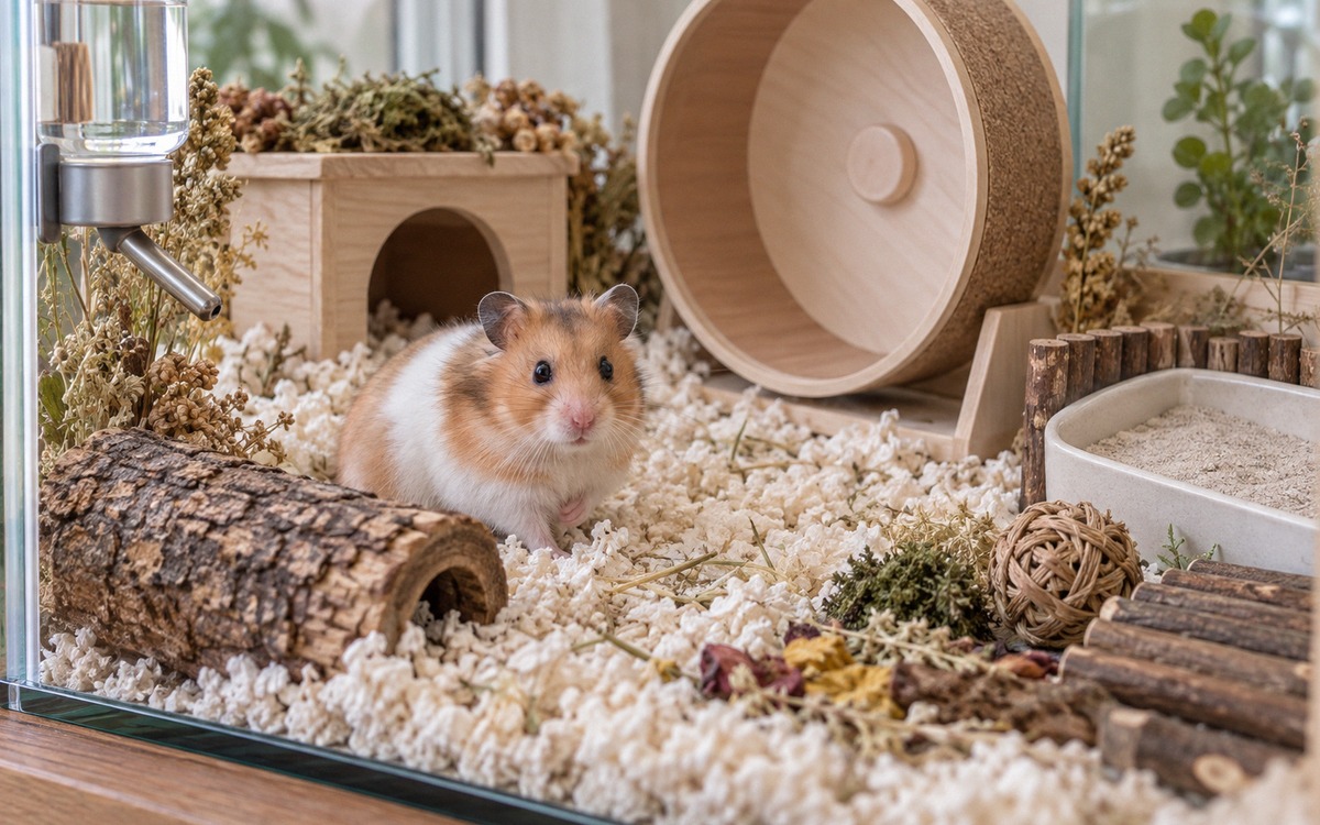 Close realistic view of a well arranged hamster enclosure showing a Syrian hamster, a dry hideout, w