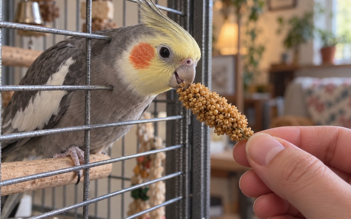 Close-up natural scene of a cautious grey cockatiel with yellow face and orange cheek patches gently