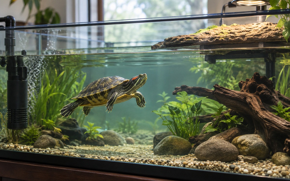 Adult red-eared slider turtle swimming freely in a large well-equipped glass aquarium, wide open swi
