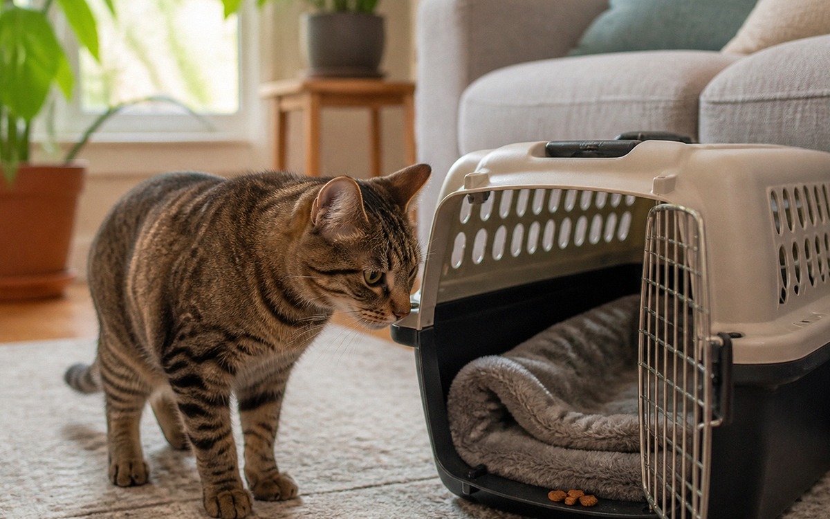 A curious adult tabby cat sniffing an open pet carrier placed on the floor beside a sofa, familiar b