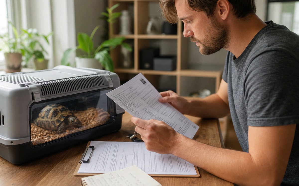 Photorealistic scene of a responsible reptile owner checking printed documents beside a secure torto