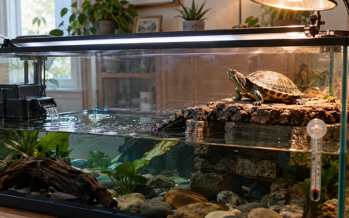 Well-maintained red-eared slider turtle enclosure shown from a practical owner perspective: turtle b