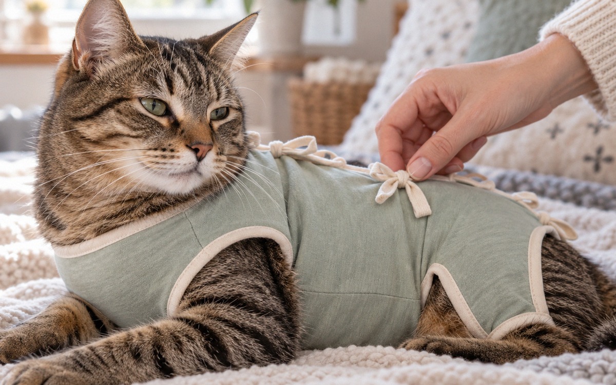 Close realistic photo of a relaxed tabby cat wearing a properly fitted soft cotton post-surgery reco