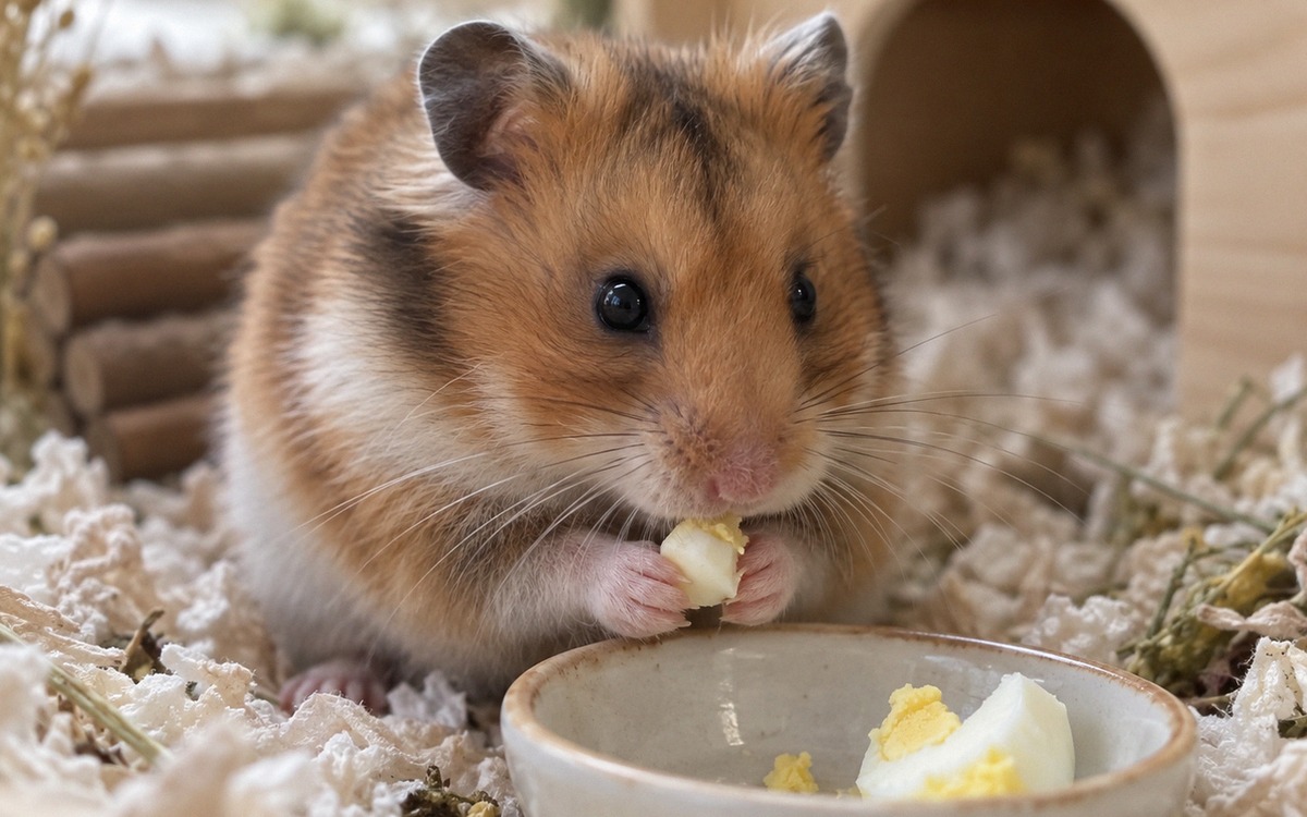 Natural documentary-style photo of a Syrian hamster cautiously eating a tiny pea-sized piece of plai