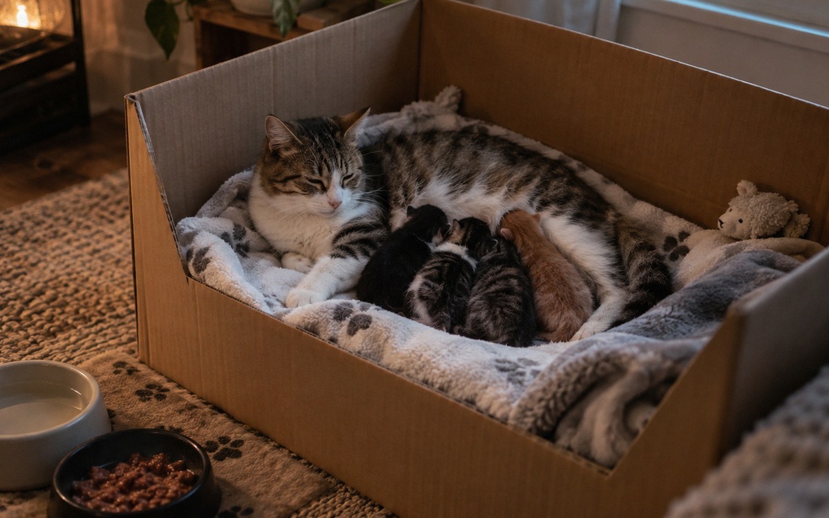 Safe home setup for newborn kittens: mother cat peacefully nursing her litter in a large clean box w