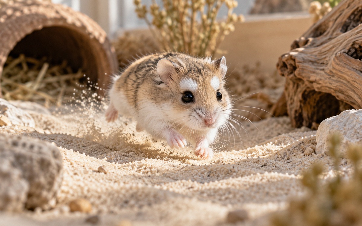 A tiny sandy Roborovski hamster with distinctive white eyebrow spots running through a natural sand