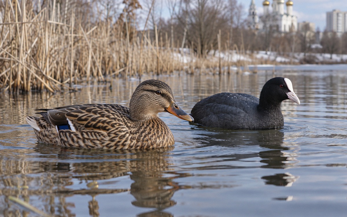 Natural photography of a female mallard duck and a Eurasian coot swimming on a quiet urban park pond