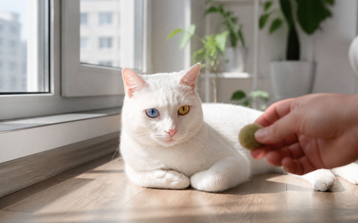 Photorealistic Khao Manee white cat with vivid eyes resting near a sunlit window but partly in shade