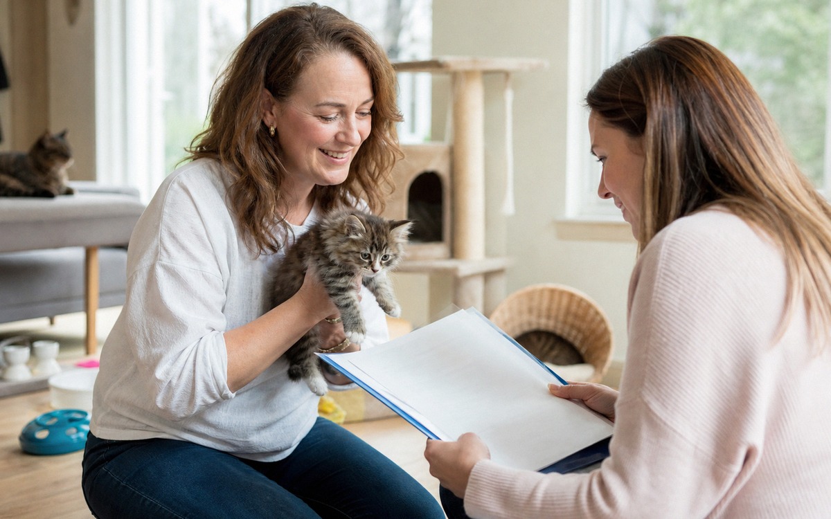 Photorealistic documentary-style image of a responsible cat breeder showing a healthy kitten and pap