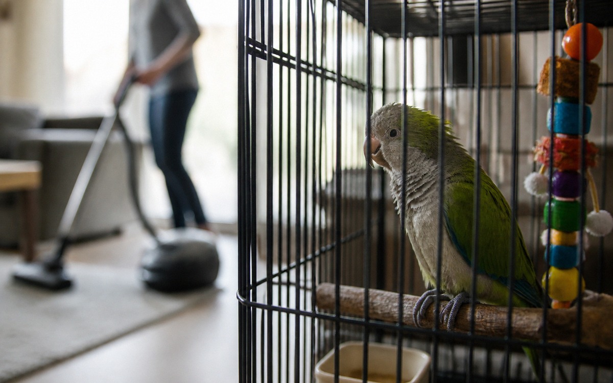A small parrot in a cage placed too close to a noisy living room area, the bird sitting tense near a