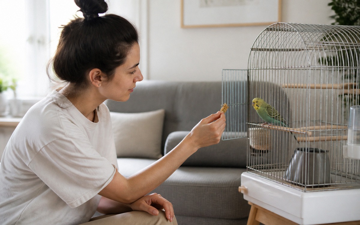 A patient owner sitting sideways near a bird cage and offering a small treat at the open door, a cau