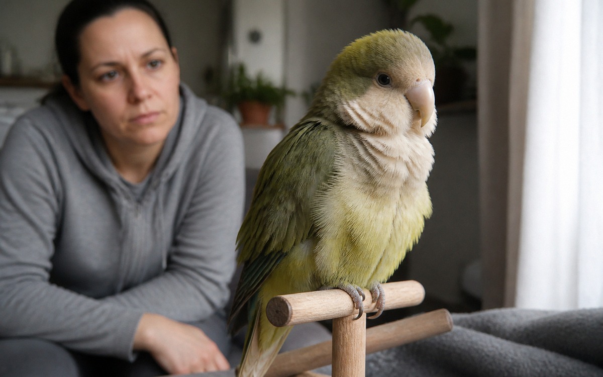 Photorealistic close indoor scene of a small parrot sitting fluffed up on a low perch, owner observi