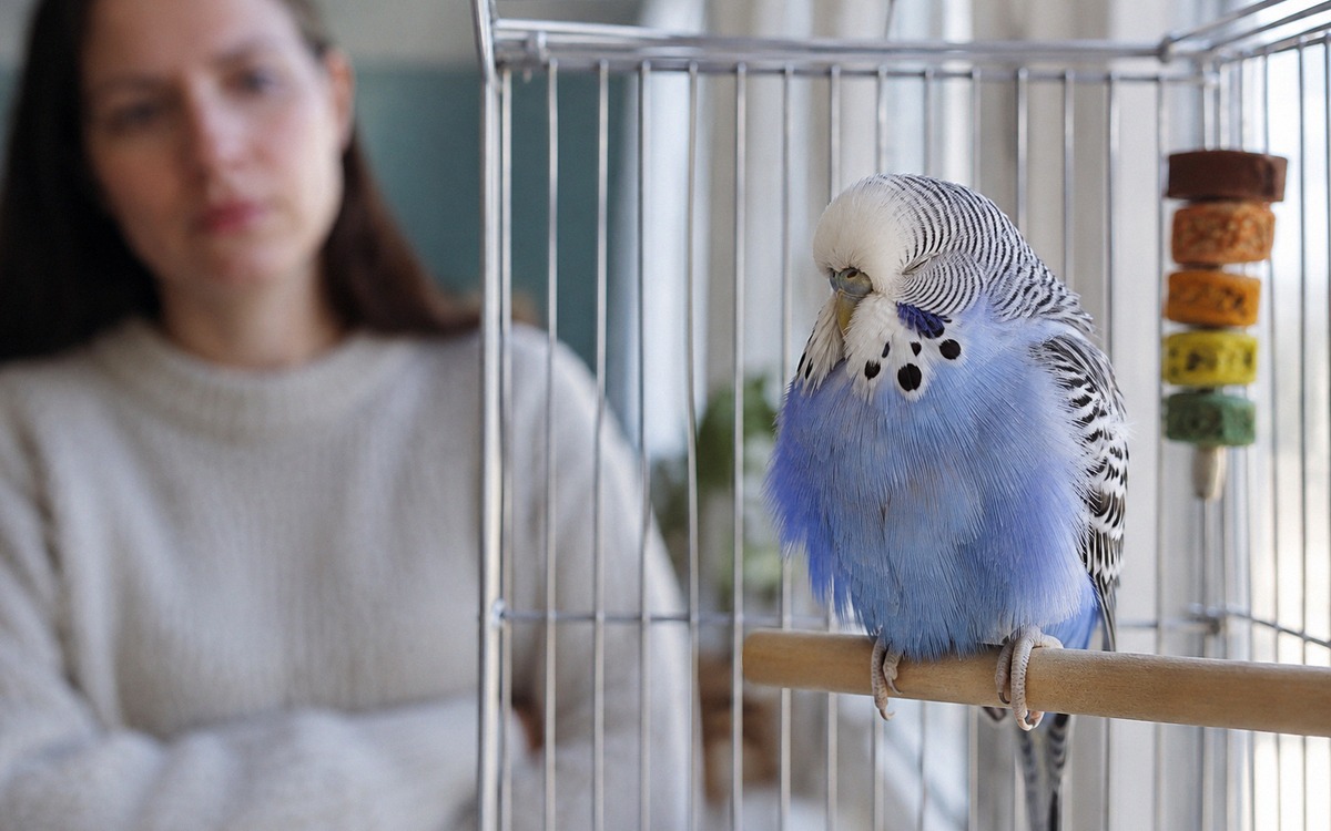 Photorealistic natural photography of a small pet bird sitting fluffed up quietly on a perch while a