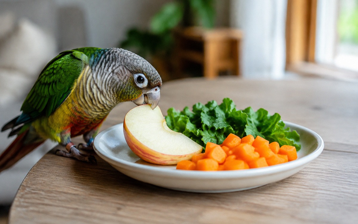 Photorealistic scene of a small parrot eating a safe slice of apple with all seeds removed, next to
