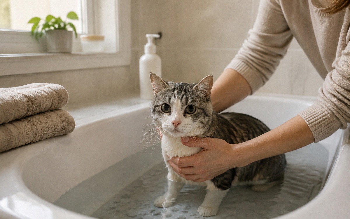 Prepared bathroom for safe cat bathing: shallow warm water in a tub, rubber non-slip mat, soft towel