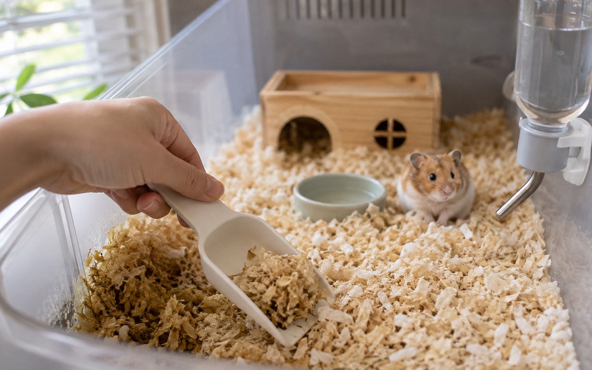 Close-up of a hamster habitat being spot-cleaned, a small scoop removing damp bedding from one corne