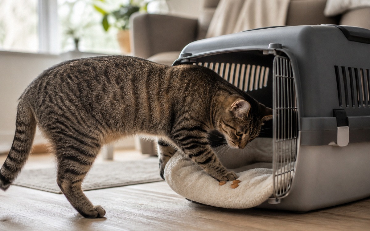 A domestic shorthair cat calmly stepping into an open carrier to reach small cat treats on a soft bl
