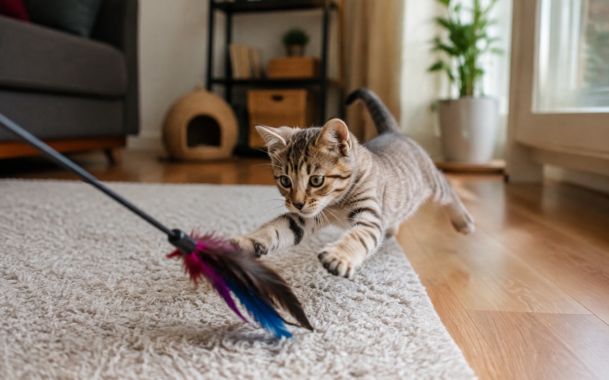 Photorealistic natural photography of a playful young cat chasing a feather wand toy on the floor wh