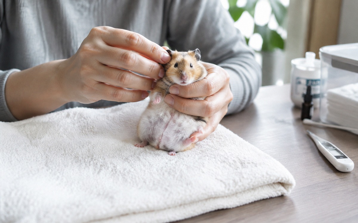 A careful home health check of a small hamster on a soft towel, owner's hands gently holding without