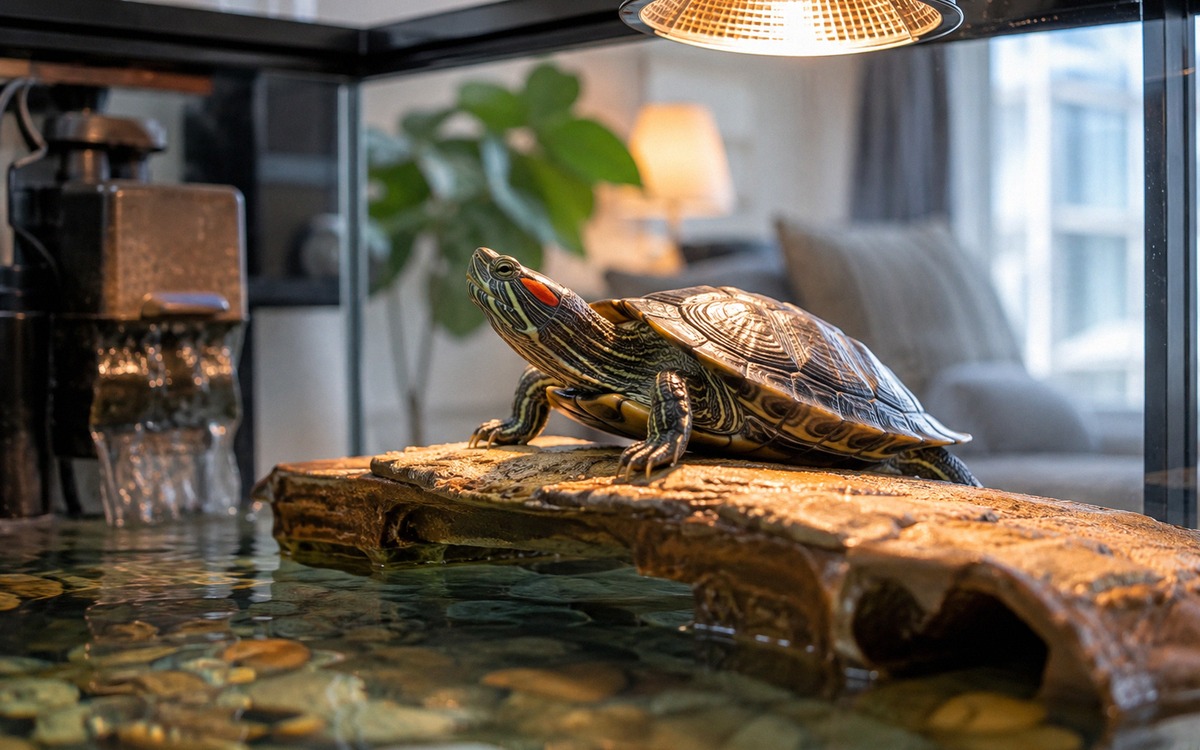 Photorealistic close-up of a red-eared slider basking on a dry platform under a reptile heat lamp an