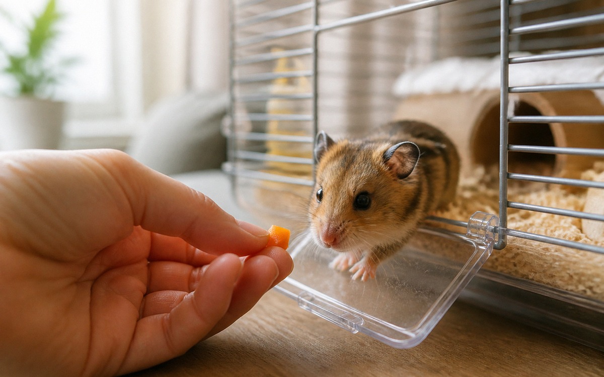 Close-up of a calm hand offering a tiny piece of carrot to a curious hamster at the open door of its