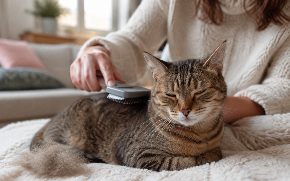 Owner gently brushing a short-haired tabby cat on a soft blanket, the cat looks relaxed and comforta