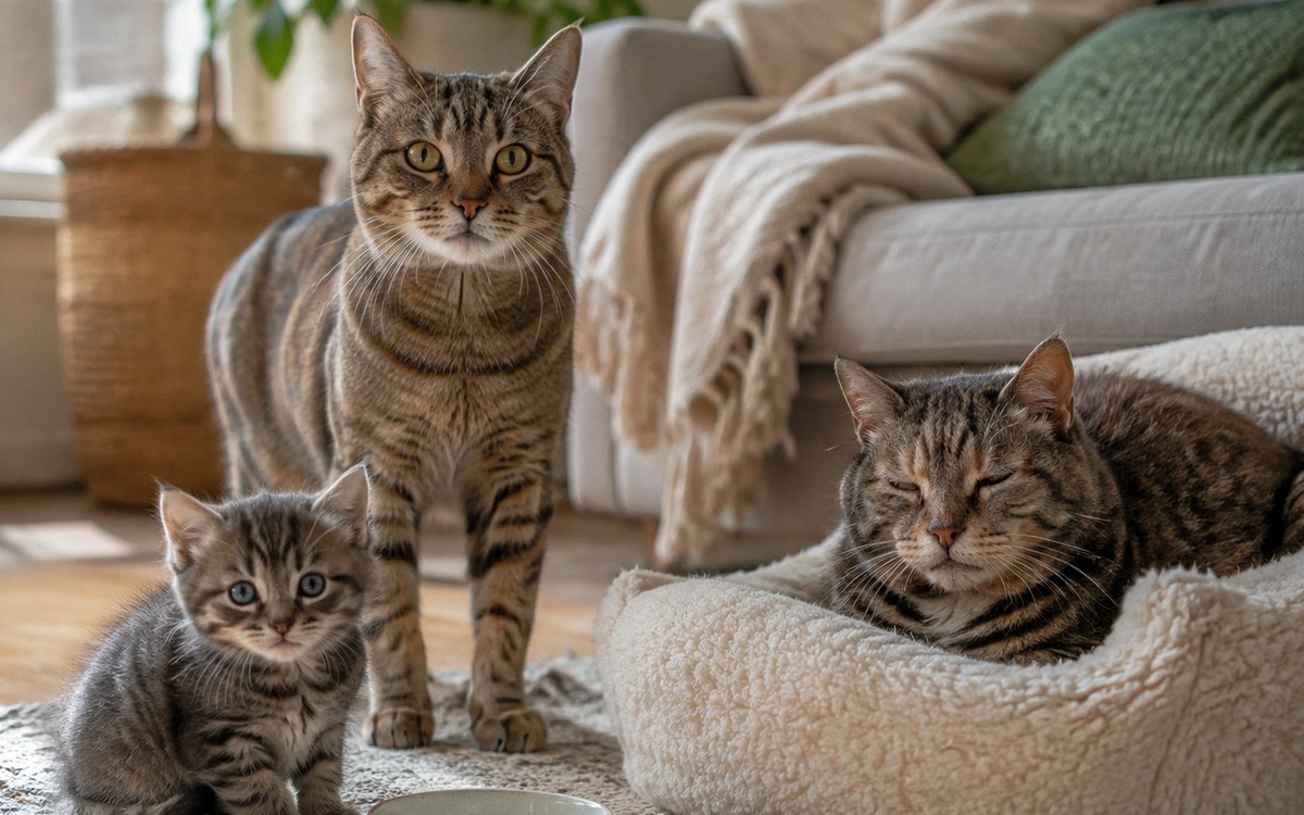 Photorealistic scene with three domestic cats of different ages in a cozy living room: a kitten near