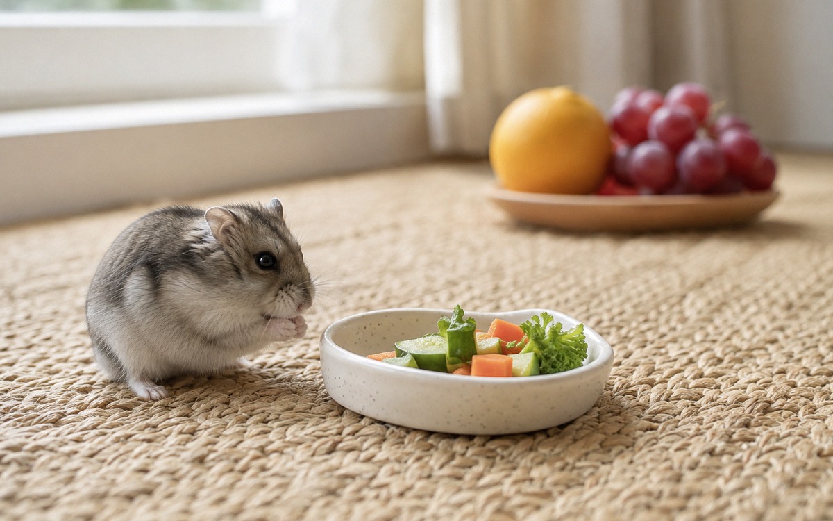 Natural photography of a dwarf hamster near a small ceramic dish with tiny safe vegetable pieces, wi