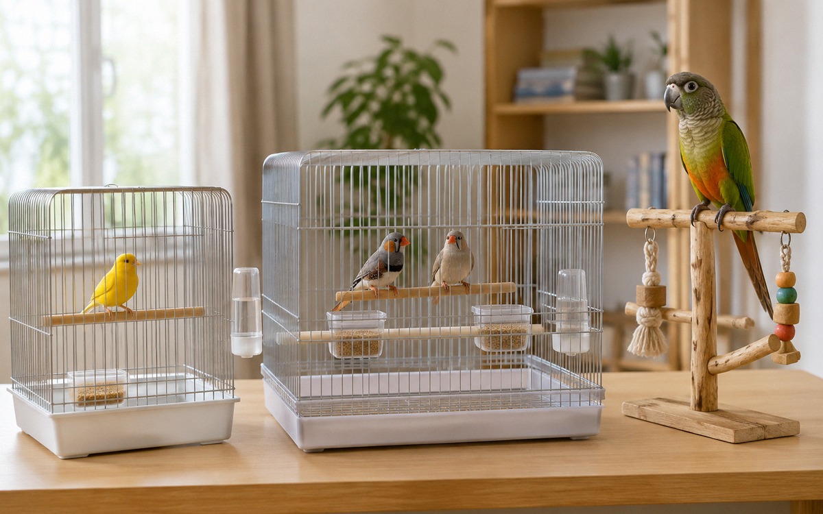 A careful comparison-style home bird care scene: a small canary cage, a pair of finches in a wider c