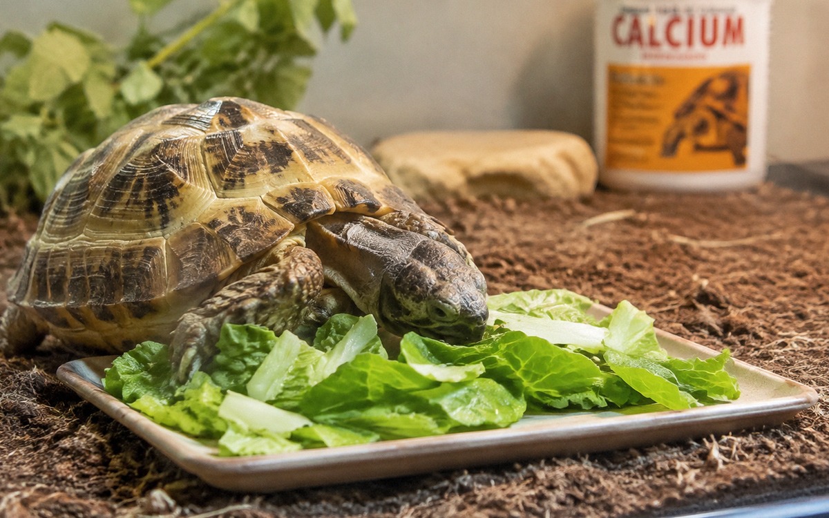 Photorealistic close up of a small land tortoise eating fresh leafy greens from a flat ceramic dish 