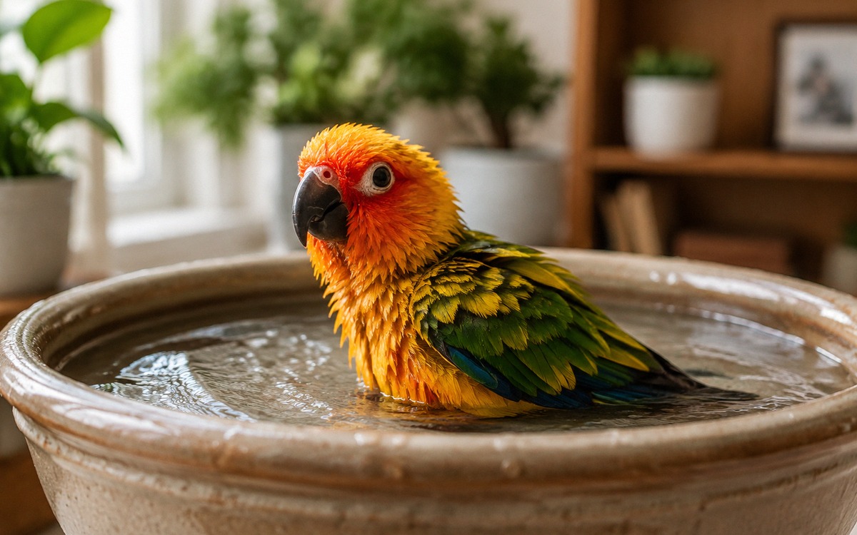 Photorealistic image of a small parrot voluntarily bathing in a shallow bird bath inside a safe room
