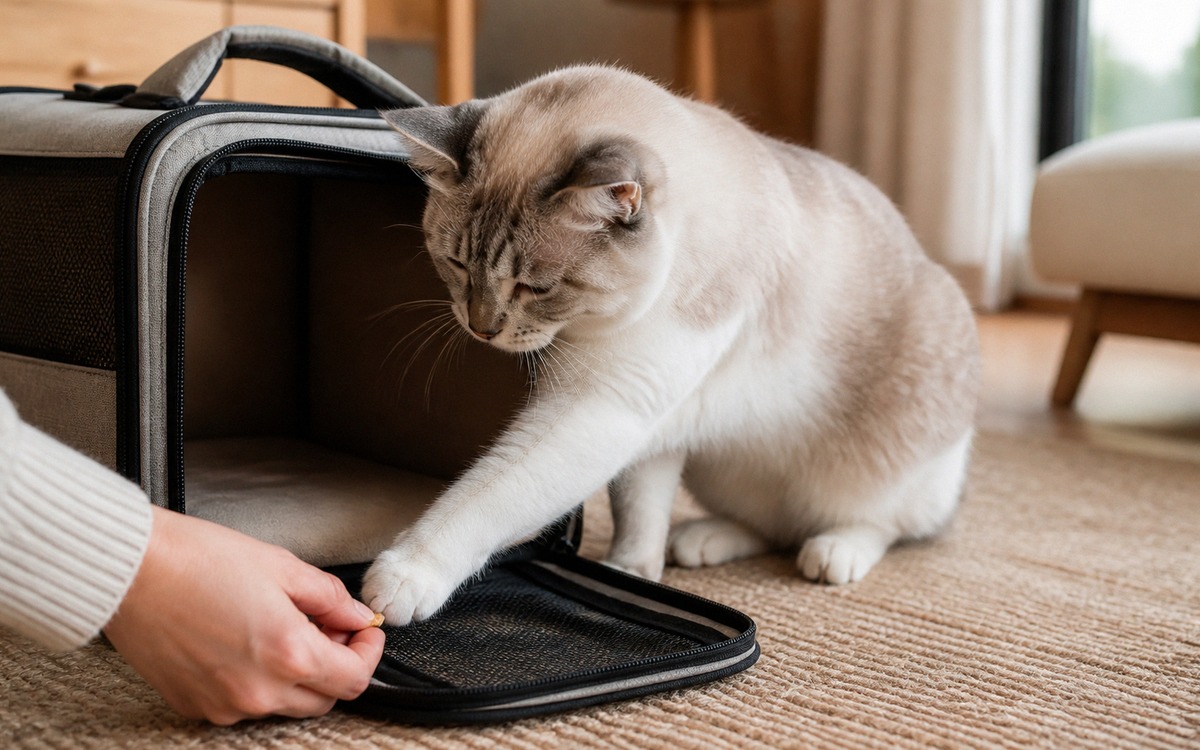 Photorealistic close-up of a cat gently reaching into an open carrier for a small treat, owner hand 