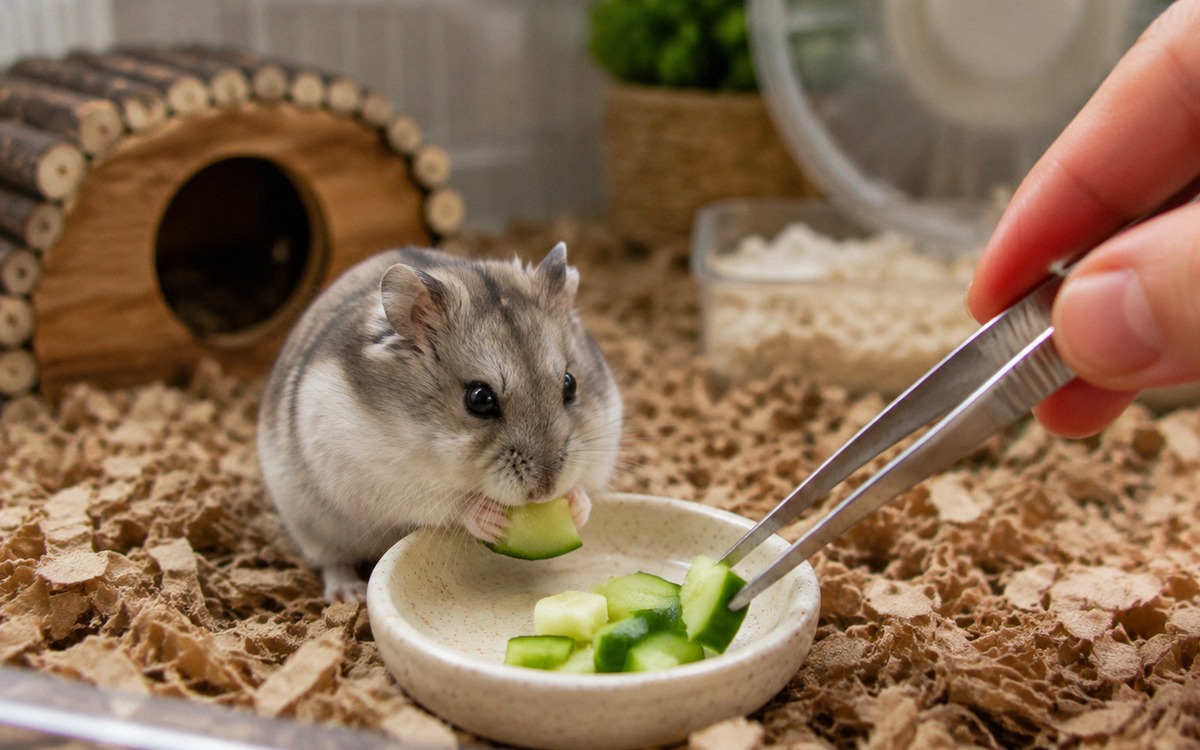 A dwarf hamster eating a tiny piece of cucumber from a small ceramic dish inside a clean cage, uneat