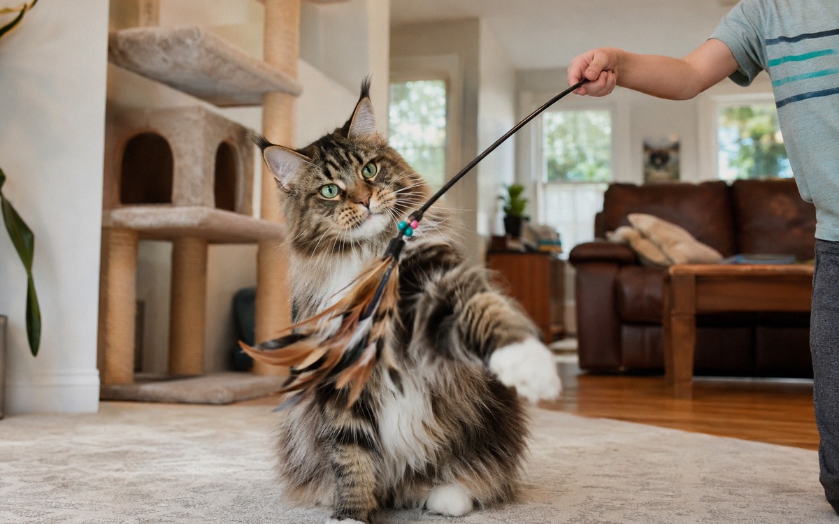 Photorealistic Maine Coon cat playing with a feather wand held by an older child in a spacious livin