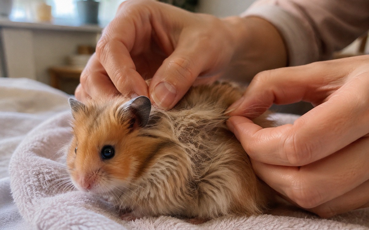 A detailed pet care scene showing a long-haired Syrian hamster with a small visible tangled patch in