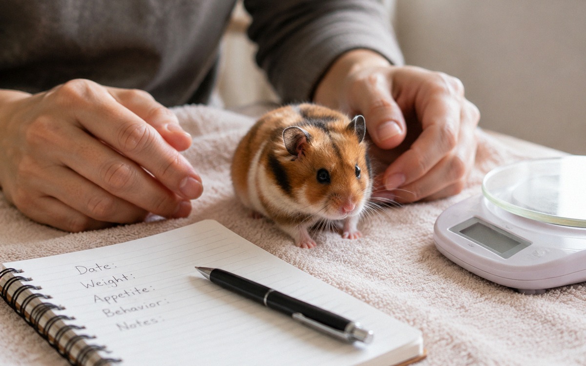 A hamster being gently observed on a soft towel next to a small notebook and kitchen scale, owner ha