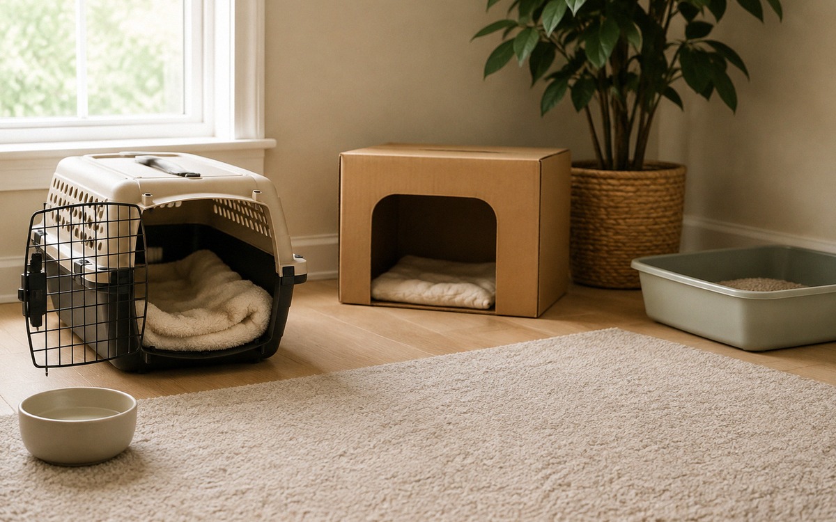 A well prepared safe room for a cat with an open carrier, soft blanket, cardboard box shelter, water