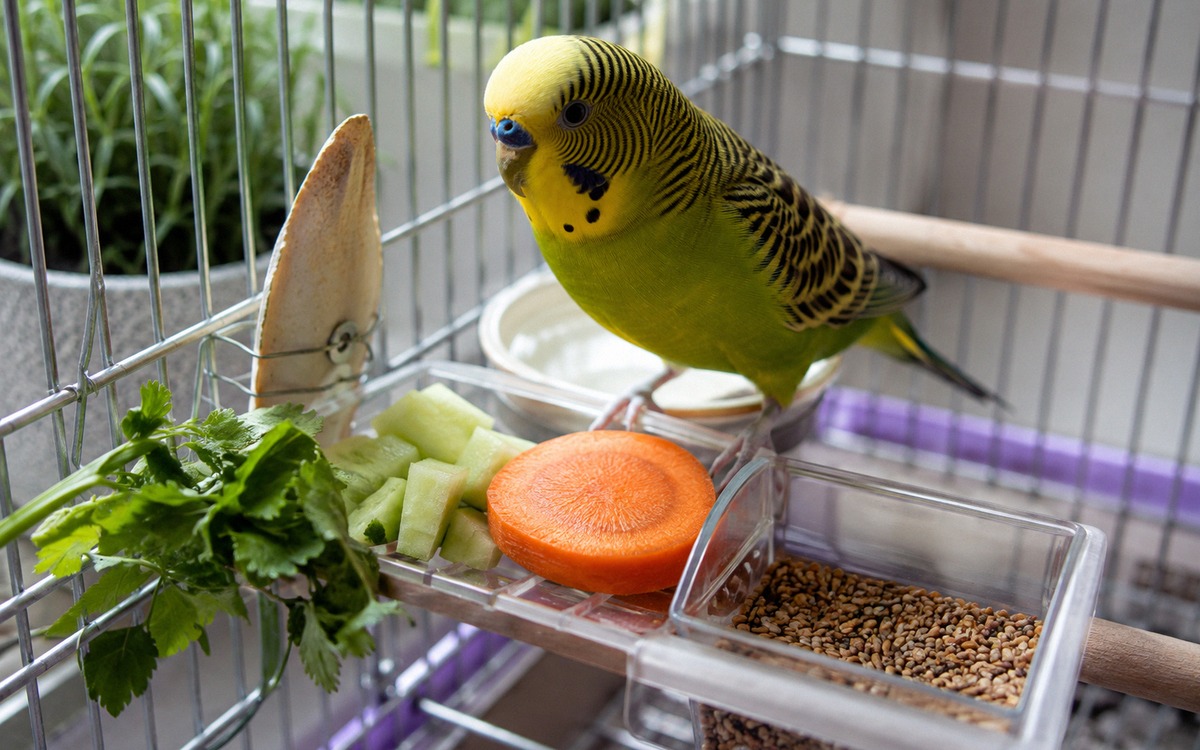 Photorealistic image of a budgerigar cage feeding area with seed mix, fresh carrot slice, cucumber,